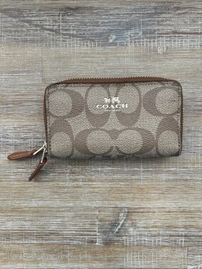 Coach Signature Print Double Zip Card Case Mini Wallet